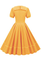 Laden Sie das Bild in den Galerie-Viewer, Blaues Rockabilly Kleid mit Juwelenausschnitt und kurzen Ärmeln