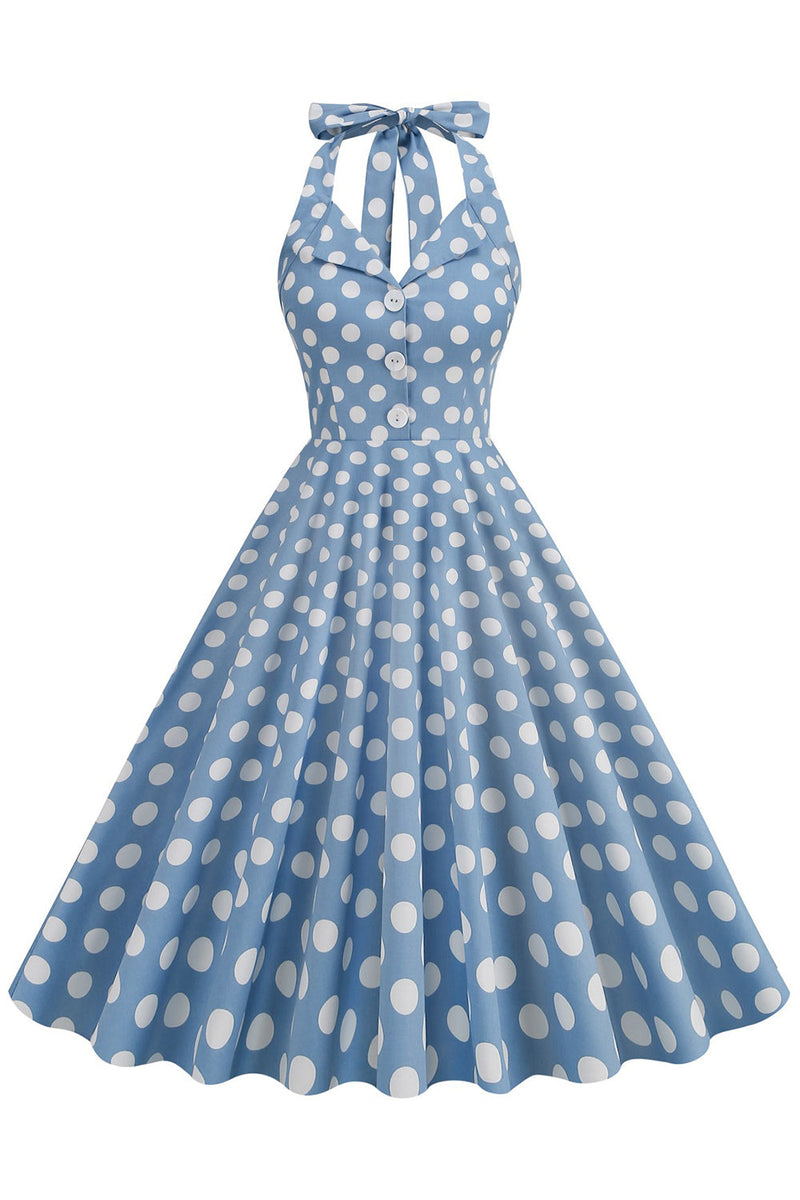 Laden Sie das Bild in den Galerie-Viewer, Hepburn Stil Polka Dots Blau 1950er Jahre Kleid
