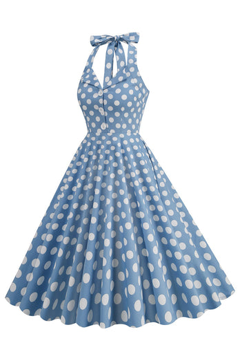 Hepburn Stil Polka Dots Blau 1950er Jahre Kleid