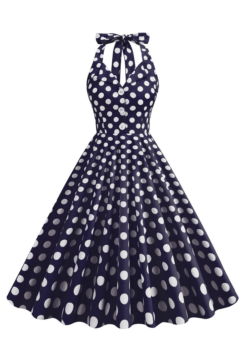Laden Sie das Bild in den Galerie-Viewer, Hepburn Stil Polka Dots Blau 1950er Jahre Kleid