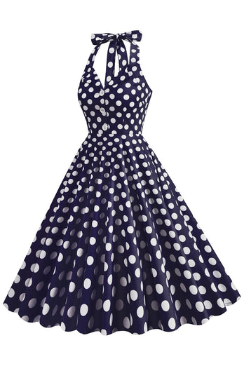 Hepburn Stil Polka Dots Blau 1950er Jahre Kleid