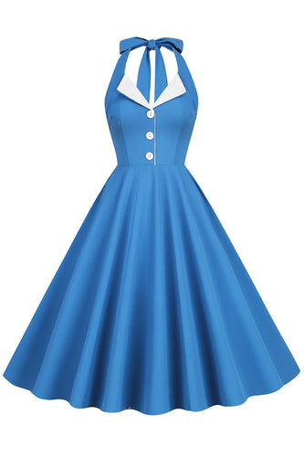 Hepburn Stil Neckholder Blaues Kleid der 1950er Jahre