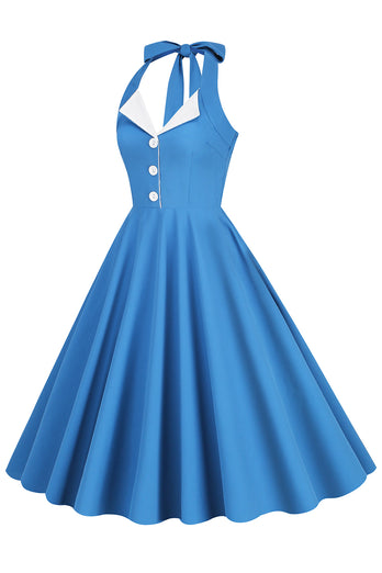 Hepburn Stil Neckholder Blaues Kleid der 1950er Jahre
