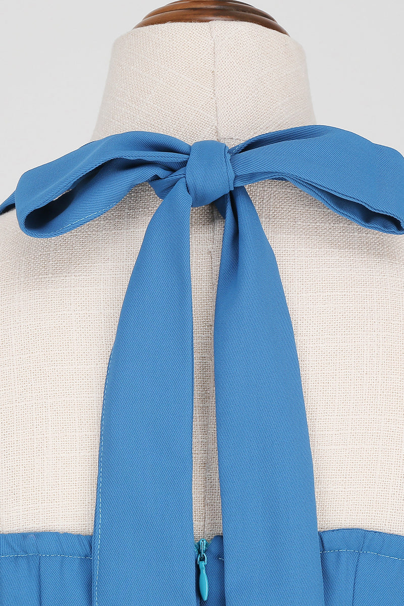 Laden Sie das Bild in den Galerie-Viewer, Hepburn Stil Neckholder Blaues Kleid der 1950er Jahre