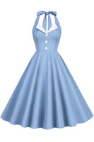 Laden Sie das Bild in den Galerie-Viewer, Hepburn Stil Neckholder Blaues Kleid der 1950er Jahre