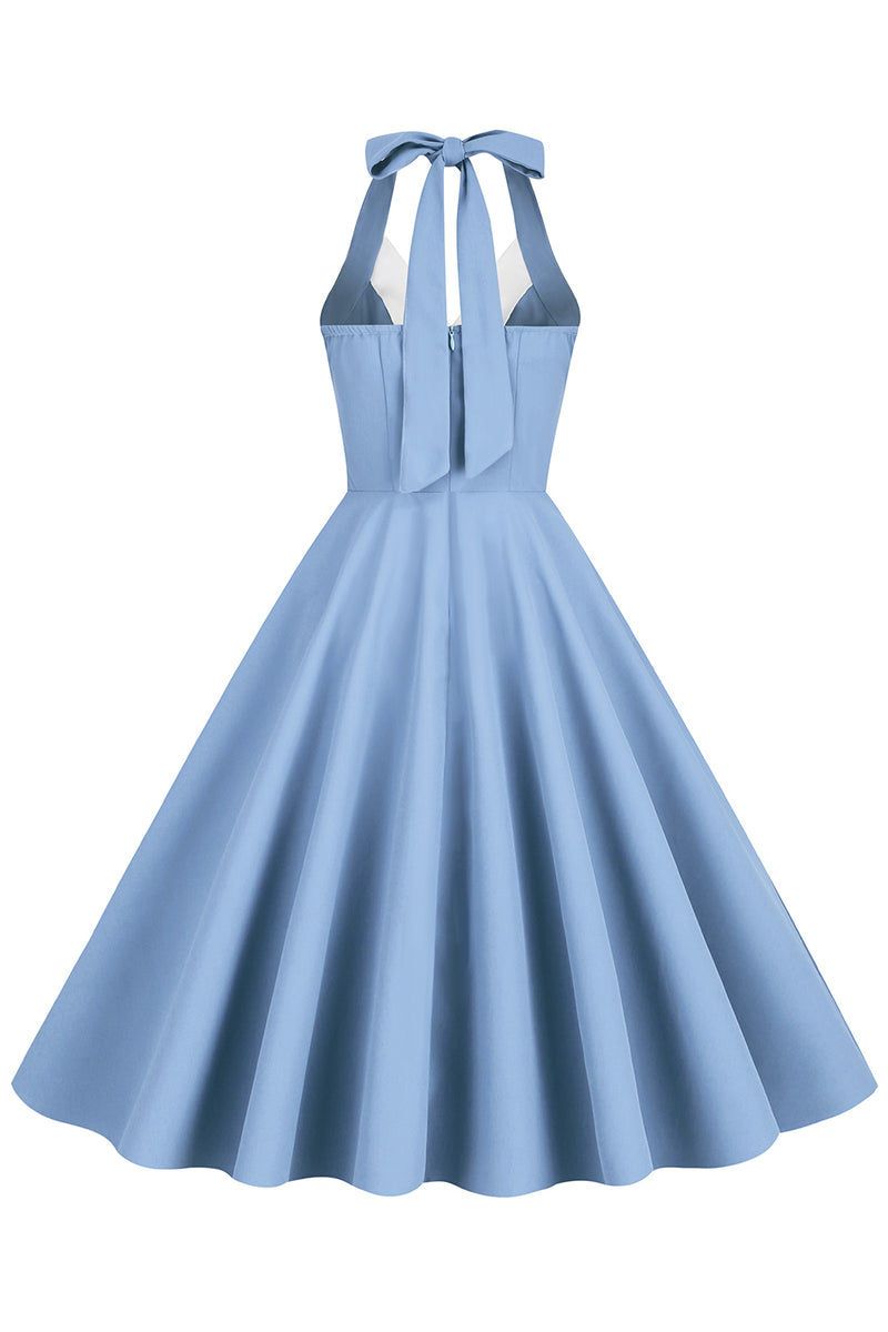 Laden Sie das Bild in den Galerie-Viewer, Hepburn Stil Neckholder Blaues Kleid der 1950er Jahre