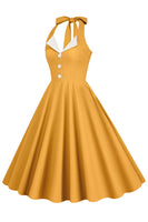 Laden Sie das Bild in den Galerie-Viewer, Hepburn Stil Neckholder Blaues Kleid der 1950er Jahre