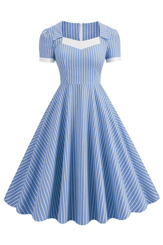 Blaues gestreiftes Vintage Kleid mit kurzen Ärmeln