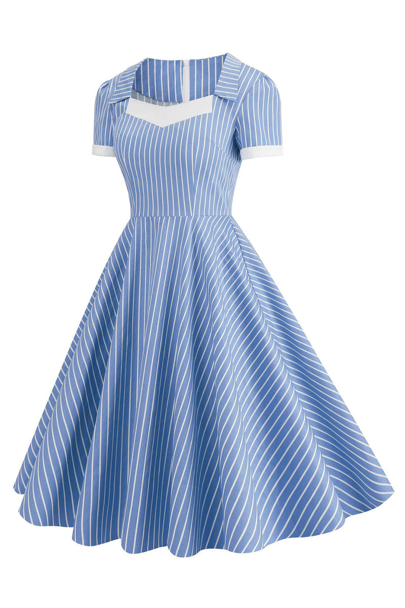 Laden Sie das Bild in den Galerie-Viewer, Blaues gestreiftes Vintage Kleid mit kurzen Ärmeln