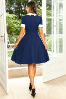 Laden Sie das Bild in den Galerie-Viewer, Hepburn Stil Juwelenhals Marine Rockabilly Kleid mit Schleife