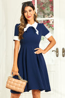 Laden Sie das Bild in den Galerie-Viewer, Hepburn Stil Juwelenhals Marine Rockabilly Kleid mit Schleife