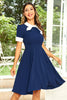 Laden Sie das Bild in den Galerie-Viewer, Hepburn Stil Juwelenhals Marine Rockabilly Kleid mit Schleife
