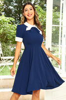 Laden Sie das Bild in den Galerie-Viewer, Hepburn Stil Juwelenhals Marine Rockabilly Kleid mit Schleife