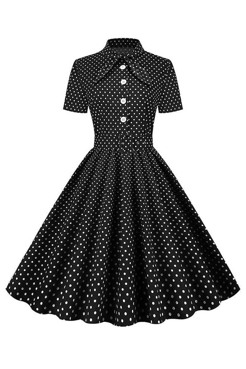Laden Sie das Bild in den Galerie-Viewer, Schwarz Polka Dots Vintage Kleid mit kurzen Ärmeln