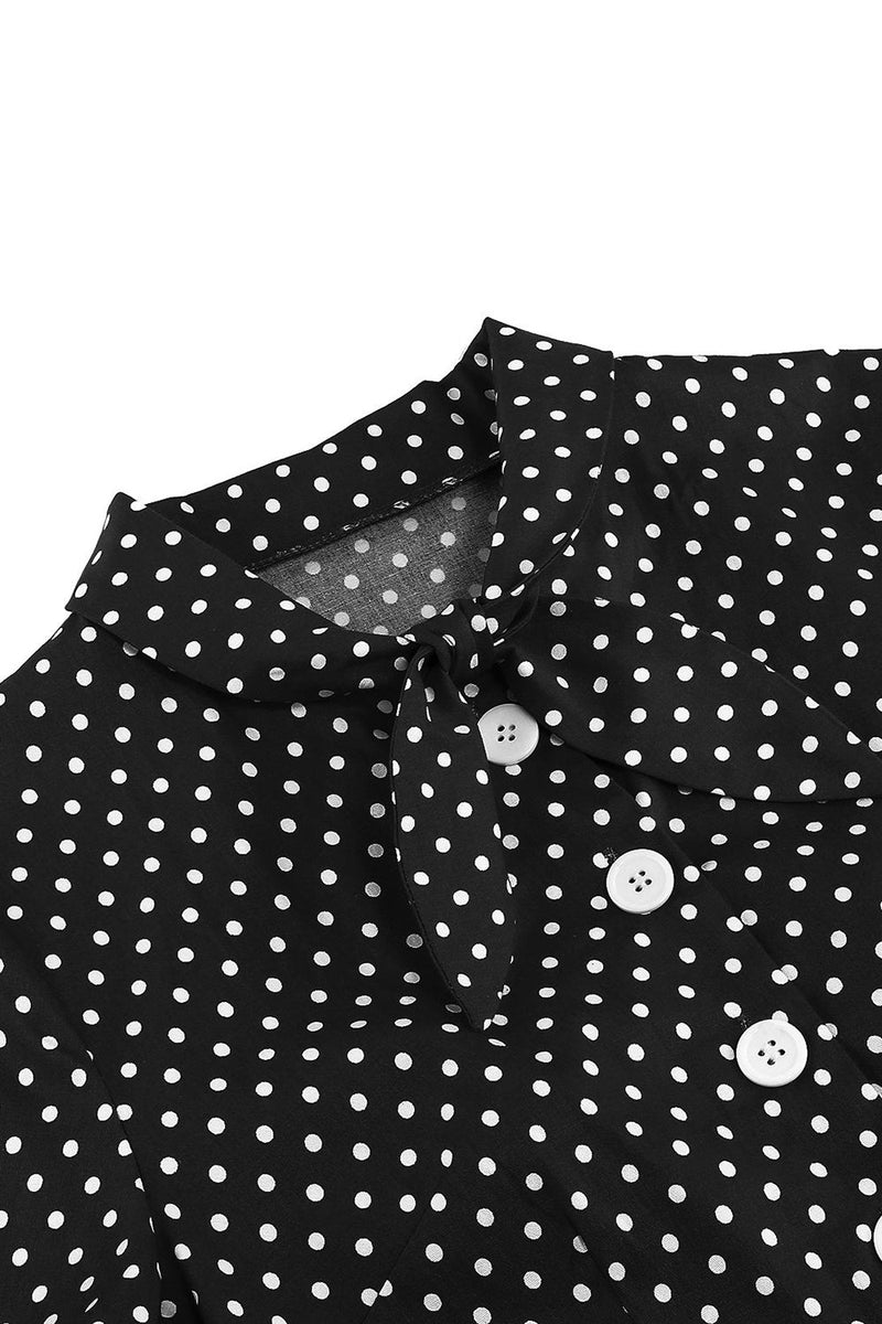 Laden Sie das Bild in den Galerie-Viewer, Schwarz Polka Dots Vintage Kleid mit kurzen Ärmeln