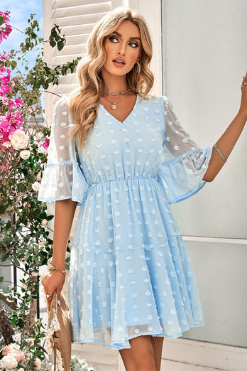 Blaues Mini Sommerkleid mit V-Ausschnitt und halben Ärmeln