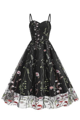 A-Linie 1950er Jahren Schwarzes Kleid mit Stickerei