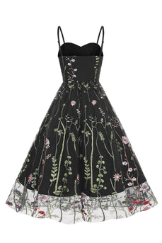 A-Linie 1950er Jahren Schwarzes Kleid mit Stickerei