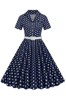 Laden Sie das Bild in den Galerie-Viewer, Hepburn Stil V Ausschnitt Blau Polka Dots 1950er Jahre Kleid