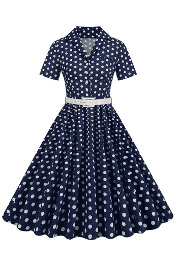 Hepburn Stil V Ausschnitt Blau Polka Dots 1950er Jahre Kleid