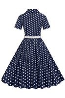 Laden Sie das Bild in den Galerie-Viewer, Hepburn Stil V Ausschnitt Blau Polka Dots 1950er Jahre Kleid