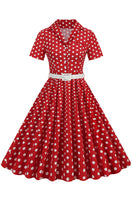 Laden Sie das Bild in den Galerie-Viewer, Hepburn Stil V Ausschnitt Blau Polka Dots 1950er Jahre Kleid