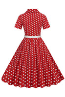 Laden Sie das Bild in den Galerie-Viewer, Hepburn Stil V Ausschnitt Blau Polka Dots 1950er Jahre Kleid