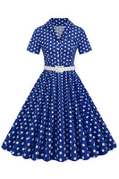 Laden Sie das Bild in den Galerie-Viewer, Hepburn Stil V Ausschnitt Blau Polka Dots 1950er Jahre Kleid