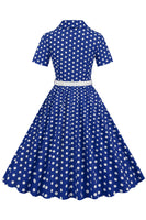 Laden Sie das Bild in den Galerie-Viewer, Hepburn Stil V Ausschnitt Blau Polka Dots 1950er Jahre Kleid