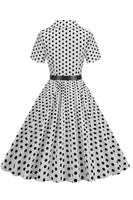 Laden Sie das Bild in den Galerie-Viewer, Hepburn Stil V Ausschnitt Blau Polka Dots 1950er Jahre Kleid