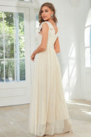 Laden Sie das Bild in den Galerie-Viewer, Aprikose Spitze langes Hochzeitsgastkleid mit Schleife