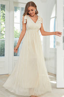 Laden Sie das Bild in den Galerie-Viewer, Aprikose Spitze langes Hochzeitsgastkleid mit Schleife