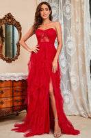 Laden Sie das Bild in den Galerie-Viewer, Trägerloses schwarzes Korsett Ballkleid mit Schlitz