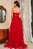 Laden Sie das Bild in den Galerie-Viewer, Trägerloses schwarzes Korsett Ballkleid mit Schlitz