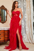 Laden Sie das Bild in den Galerie-Viewer, Trägerloses schwarzes Korsett Ballkleid mit Schlitz