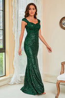 Laden Sie das Bild in den Galerie-Viewer, Dunkelgrünes Pailletten Glitzer Ballkleid