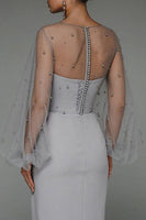 Laden Sie das Bild in den Galerie-Viewer, Graues Partykleid mit langen Ärmeln und Perlen