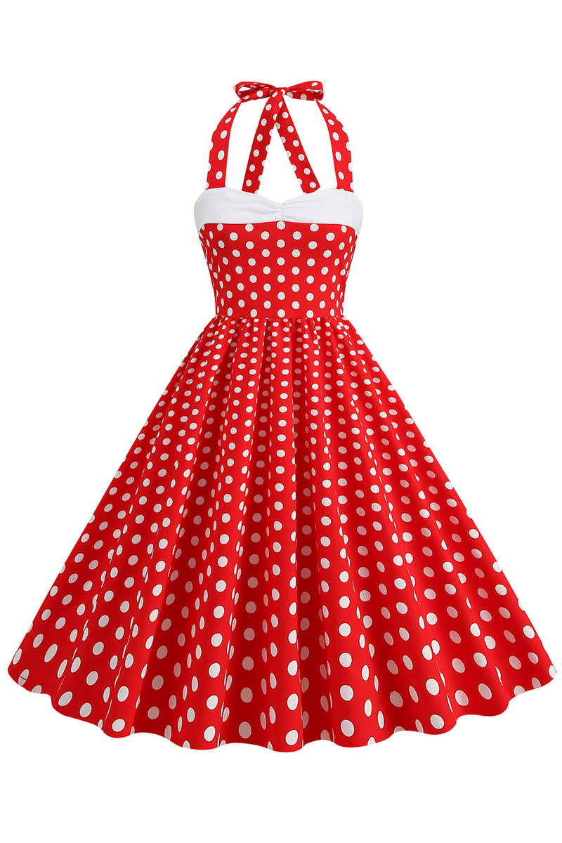 Laden Sie das Bild in den Galerie-Viewer, Rotes Neckholder Polka-Dots Rockabilly Kleid