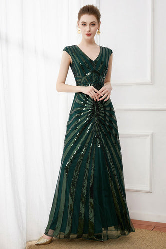 Dunkelgrünes Pailletten Langes Kleid aus den 1920er Jahren mit Perlen