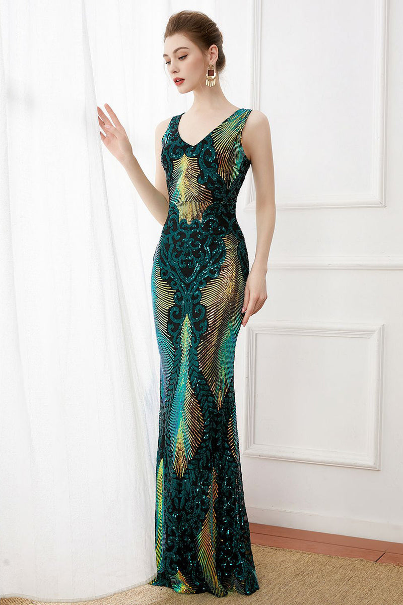 Laden Sie das Bild in den Galerie-Viewer, Dunkelgrünes Pailletten Etui Langes Kleid aus den 1920er Jahren
