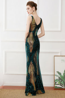 Dunkelgrünes Pailletten Etui Langes Kleid aus den 1920er Jahren