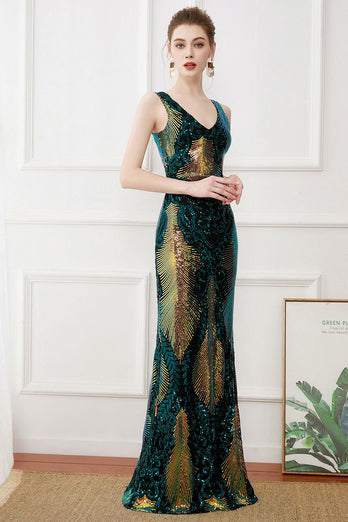 Dunkelgrünes Pailletten Etui Langes Kleid aus den 1920er Jahren