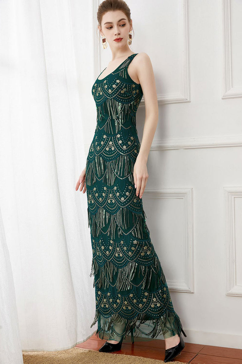 Laden Sie das Bild in den Galerie-Viewer, Dunkelgrünes Kleid mit Fransen aus den 1920er Jahren