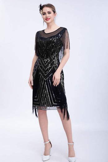 Schwarzes Glitzer pailletten Flapper Kleid mit Fransen