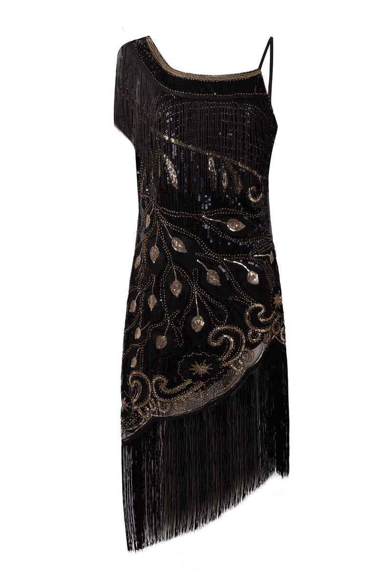 Laden Sie das Bild in den Galerie-Viewer, Schwarzes Eine Schulter Kleid aus den 1920er Jahren mit Fransen