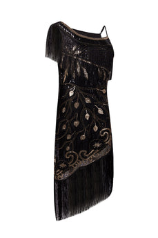 Schwarzes Eine Schulter Kleid aus den 1920er Jahren mit Fransen