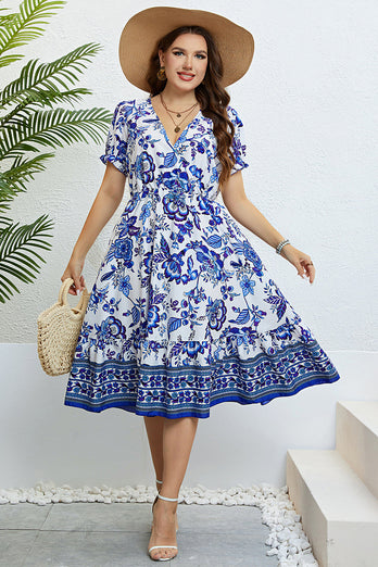 Blaues V-Ausschnitt Sommerkleid in Übergröße mit kurzen Ärmeln