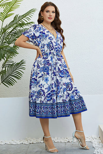 Blaues V-Ausschnitt Sommerkleid in Übergröße mit kurzen Ärmeln