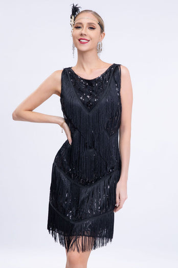 Schwarze Pailletten Gatsby Fransen Charleston Kleid