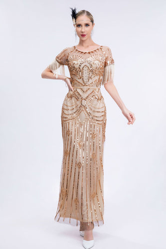 Langes Champagner Perlen Gatsby Kleid mit Fransen